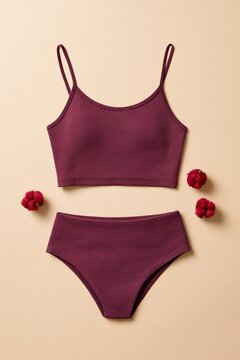 Plum burgundy ribbed camisole and high waist briefs flatlay with small red cotton bolls for catalog imagery and e-commerce listing