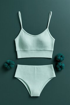 Mint green cotton lingerie set flatlay on teal background for ecommerce product display and catalog banner