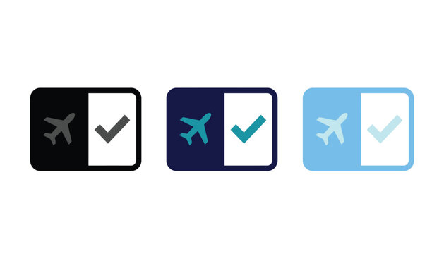 Set of three airplane icons with check marks in different color variations for travel and flight status design