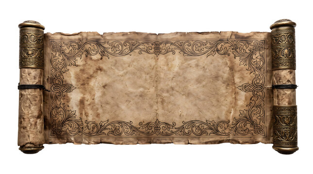 Blank antique parchment scroll with decorative brass metal handles and ornate vintage borde