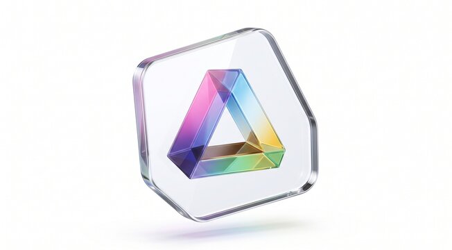 impossible triangle, penrose triangle, 3d icon, glassmorphism, rainbow crystal, prism effect, glass frame, geometric shape, futuristic logo, ui ux asset, abstract refraction, optical illusion, premium