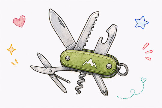 Cute Green Swiss Army Pocket Knife Multi-Tool Illustration