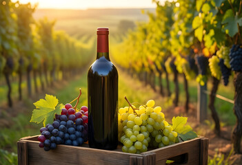 Naklejka premium Viticulture and winemaking, red wine bottle with fresh grapes in wooden crate at vineyard during golden hour for harvest season and agriculture industry