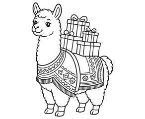 Fototapeta premium Cute llama coloring page with birthday gifts and tribal blanket.