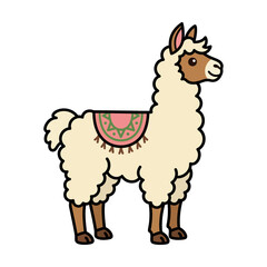 Fototapeta premium Cute white llama with a decorative colorful saddle.