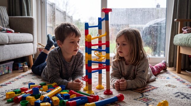 Kids Building Tall Marble Run Tower on Living Room Floor