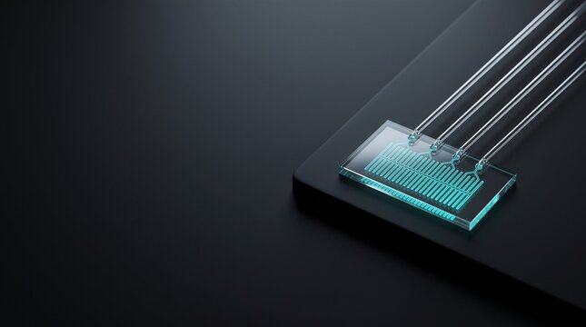 Microfluidic lab-on-a-chip transparent glass device with fluorescent microchannels and fluidic capillary tubes on black platform