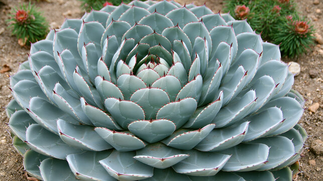 Large succulent rosette plant in desert garden with layered blue green leaf and sharp red edge, close up view with natural pattern