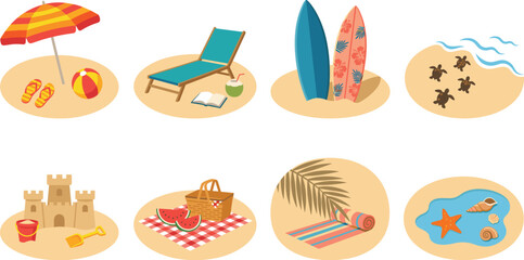 Fototapeta premium Summer beach vacation vector illustration featuring tropical holiday icons and colorful seaside relaxation elements