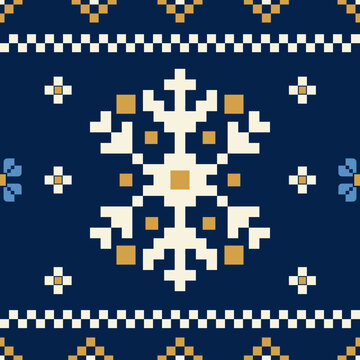 Seamless winter snowflake pixel art cross stitch pattern vector