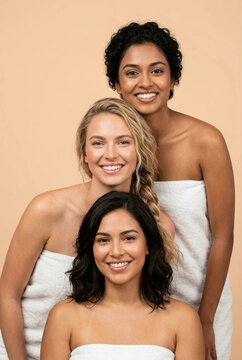 Three diverse women smiling with towels wrapped around their bodies in a spa or wellness setting