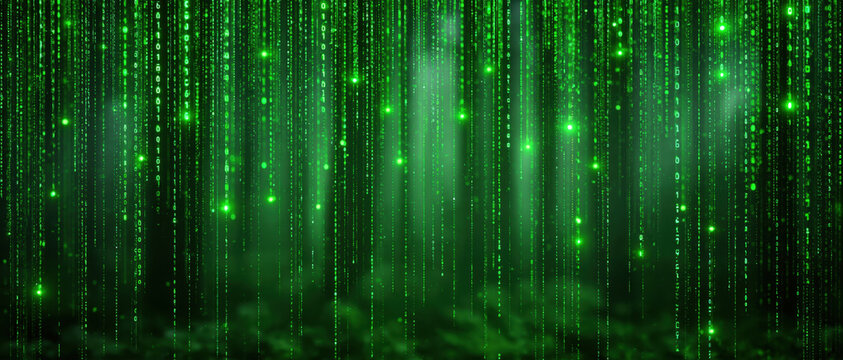Green digital rain abstract code background with glowing matrix style data stream and dark technology space