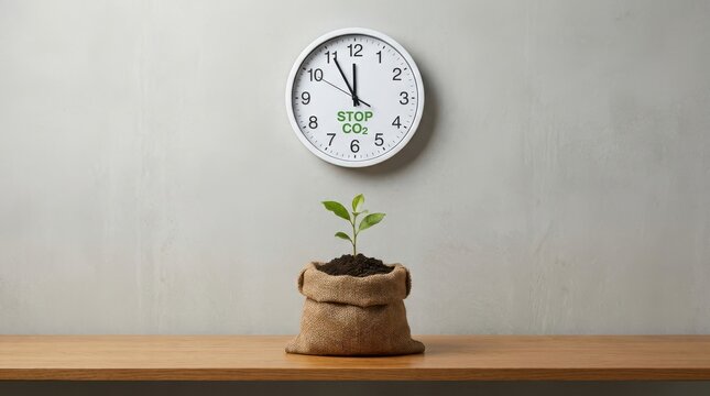 Young green plant growing in brown burlap sack on wooden table with round white clock indicating urgency of stop co2.
