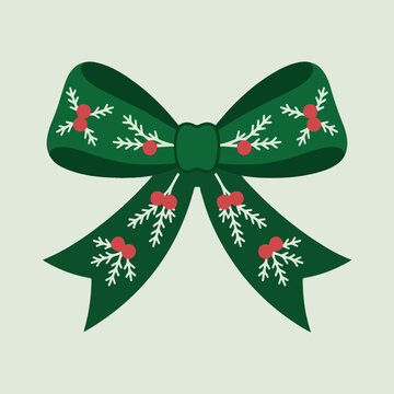 Decorative Green Christmas Ribbon Bow for Gift Packaging, Holiday Cards, and Crafts.  Flat Vector Green Christmas Ribbon Bow with Winter Floral Motif for Holiday Design. 