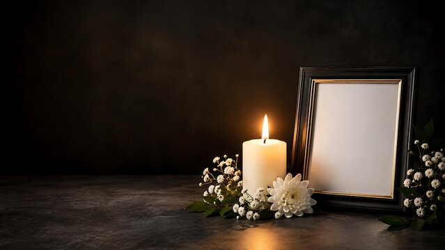 A burning candle and an empty picture frame for a solemn candle lighting day memorial service tribute
