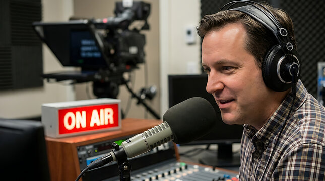 Radio announcer with headphones speaking into microphone in broadcast stud