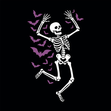 Dancing skeleton surrounded by flying purple bats on black background. Cute skeleton dancing halloween t-shirt graphic design vector. Distressed vintage skeleton dancing with purple bats halloween. 