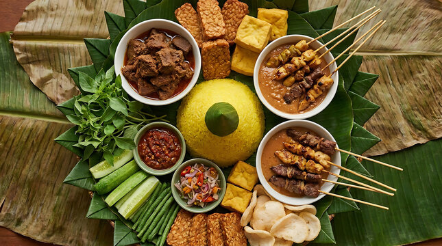 Overhead view of Indonesian dishes tumpeng, rendang, satay and sambal on banana leaf