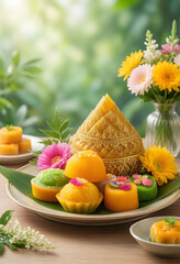 Fototapeta premium Thai traditional dessert and culture, golden sweets served with ornate container and fresh flowers for celebration and hospitality on wooden table