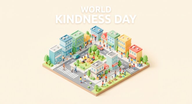 World Kindness Day isometric city illustration with people helping