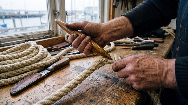 Rigger Hands Splicing Eye Into Thick Rope With Wooden Fid