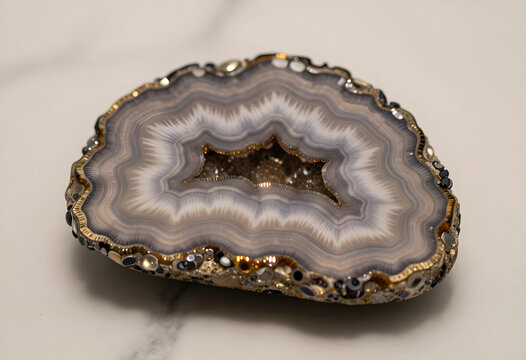 Luxury interior design and home decor, polished agate geode slice with gold leaf trim and crystal center on a white marble surface for modern lifestyle
