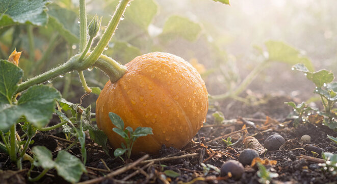 Pumpkin photo growing on vine in garden soil with morning dew drops and soft misty light
