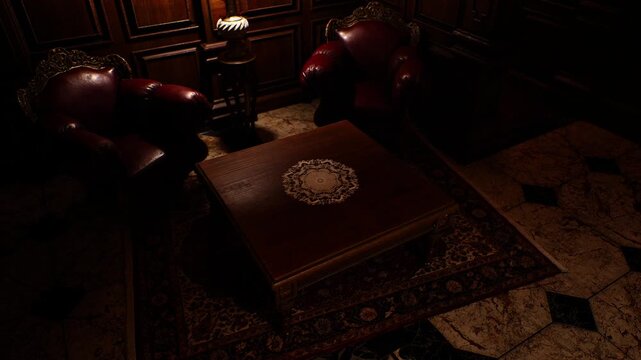 Two plush leather chairs frame a stunning wooden table adorned with intricate designs, all set in a warmly lit, luxurious room that exudes sophistication and comfort.
