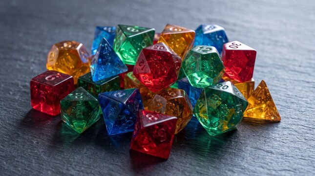 Pile of Colorful Translucent Dice With Different Shapes