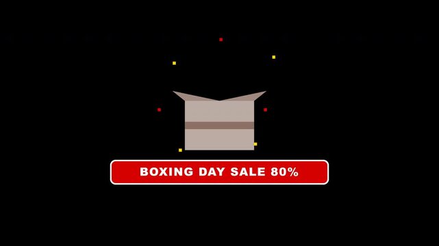 Flat design Boxing Day cardboard parcel box shaking with open flaps, sealing tape, and red and yellow star confetti pops against a transparent background