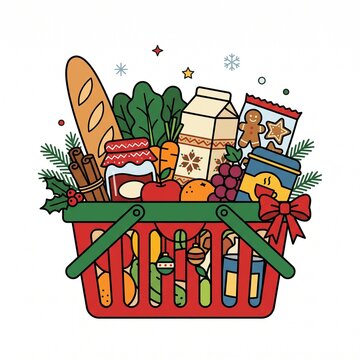 A red shopping basket overflowing with festive holiday groceries, fresh produce, bread, milk, and Christmas treats decorated with pine branches and a red bow.   