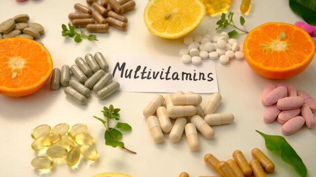 Various tablets and capsules, supplements and vitamins. Selective focus.