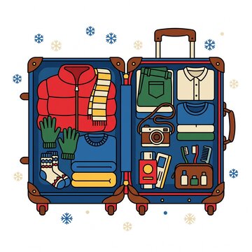 An open blue suitcase neatly packed with winter clothing like a red puffer jacket, scarf, gloves, sweater, socks, camera, passport, and toiletries surrounded by snowflakes.