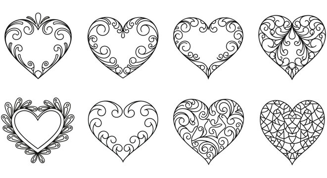 Eight heart shaped filigree ornaments black lines on a white background