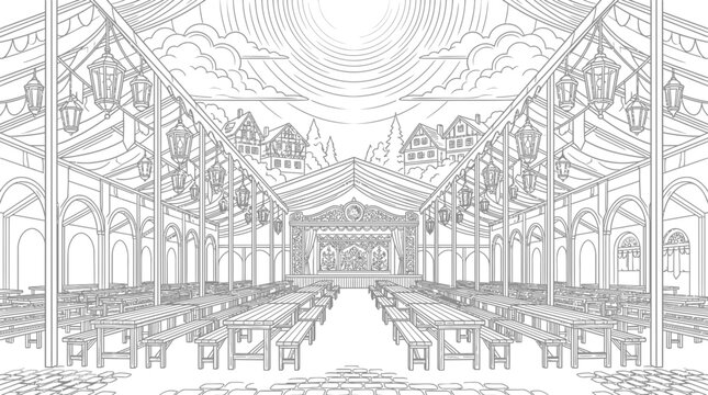 Line art of a traditional festival tent with long wooden tables