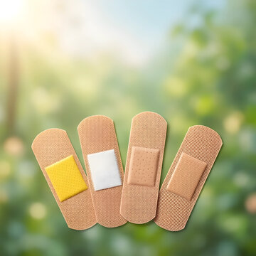 Healthcare diversity and inclusion, adhesive bandages with different skin tones and textures for wound care and medical equality in a natural outdoor setting