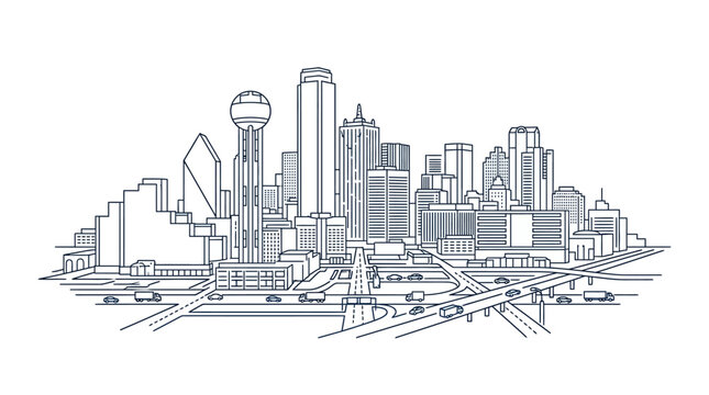 Minimalist line art illustration of the Dallas city skyline with urban infrastructure.