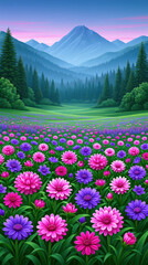Fototapeta premium Mountain valley flower field with pine forest and snow peak under pink sky