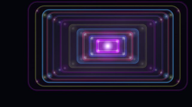 Looping animated frame of glowing concentric neon rectangles against a dark background