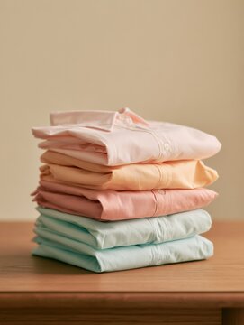 Four folded shirts in pastel tones arranged neatly on a wooden surface showcasing Korean fashion style.