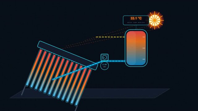 Digital diagram depicting residential solar thermal water heating system functionality showing sunlight absorption process and thermal energy transfer toward storage tank for sustainable