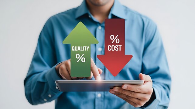 Business person showing rising quality and falling cost on a tablet