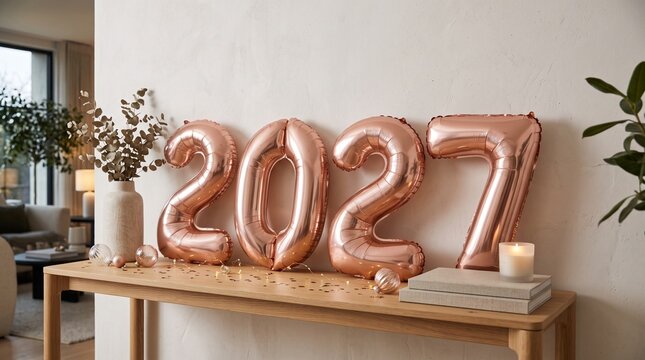 New Year celebration decor with rose gold foil number 2027 balloons on a wooden console table