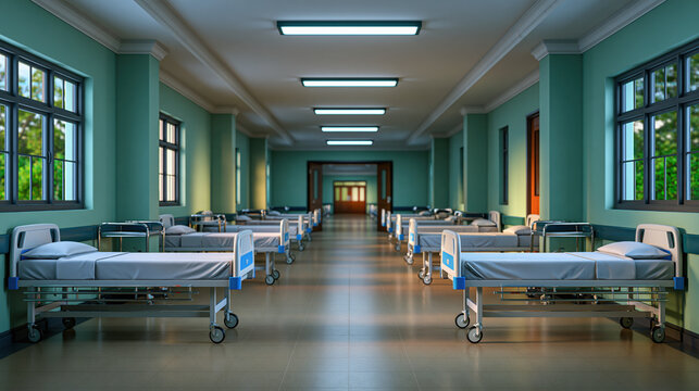 Hospital ward interior, symmetrical room with empty bed row and bright window light