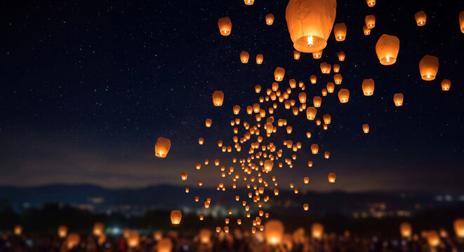 Sky lanterns photo floating into starry night sky over festival crowd with warm glow