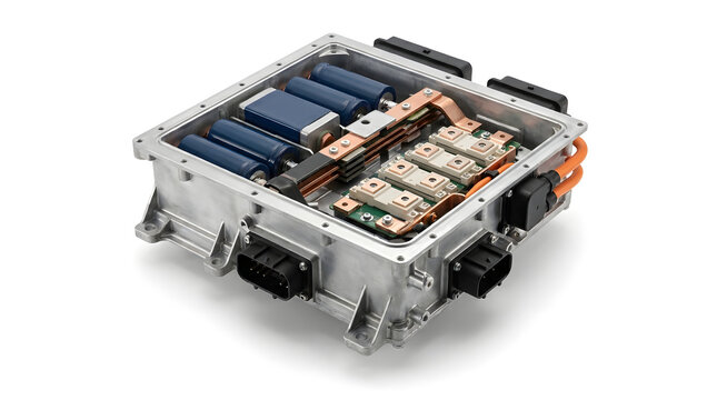 Electric vehicle battery power module with blue cells, copper busbars and electronic components for advanced energy storage and EV technology