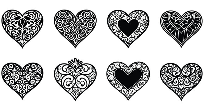 Intricate heart shapes with ornamental designs black vector illustration on white background
