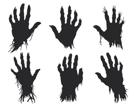 Zombie hand silhouettes with roots on a white background for halloween designs