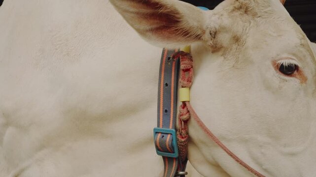 Close-up of white Lamphun cattle with pinkish muzzle and visible ear identification tag inside a livestock shelter, representing animal identification, cattle care, farming, and husbandry.