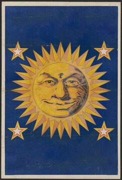 Vintage celestial magic poster featuring a smiling sun face surrounded by yellow sunburst rays and four stars